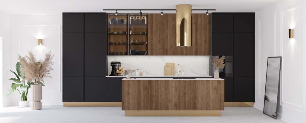 Projekt kuchni czarnej ze złotem, drewnem i ryflowaniem