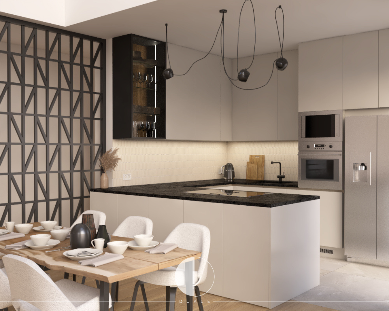 Projekt kuchni kaszmirowej z czarnym blatem