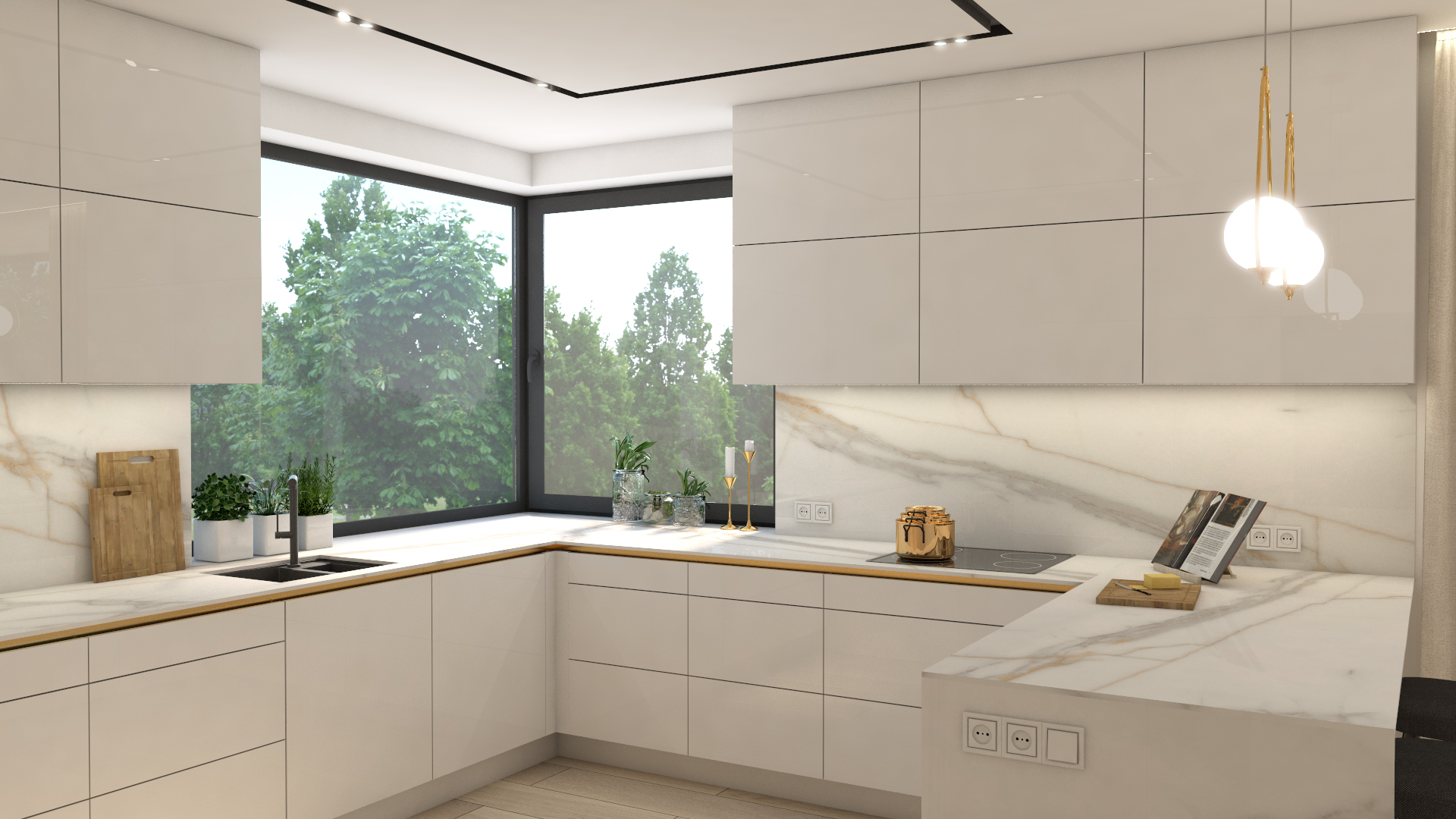 Projekt kuchni jasnej z marmurem